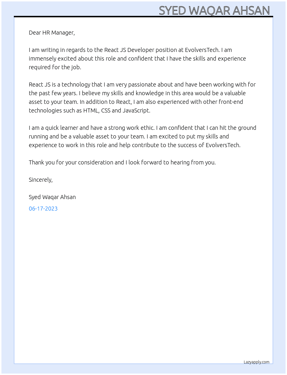 React JS Developer At EvolversTech Cover Letter