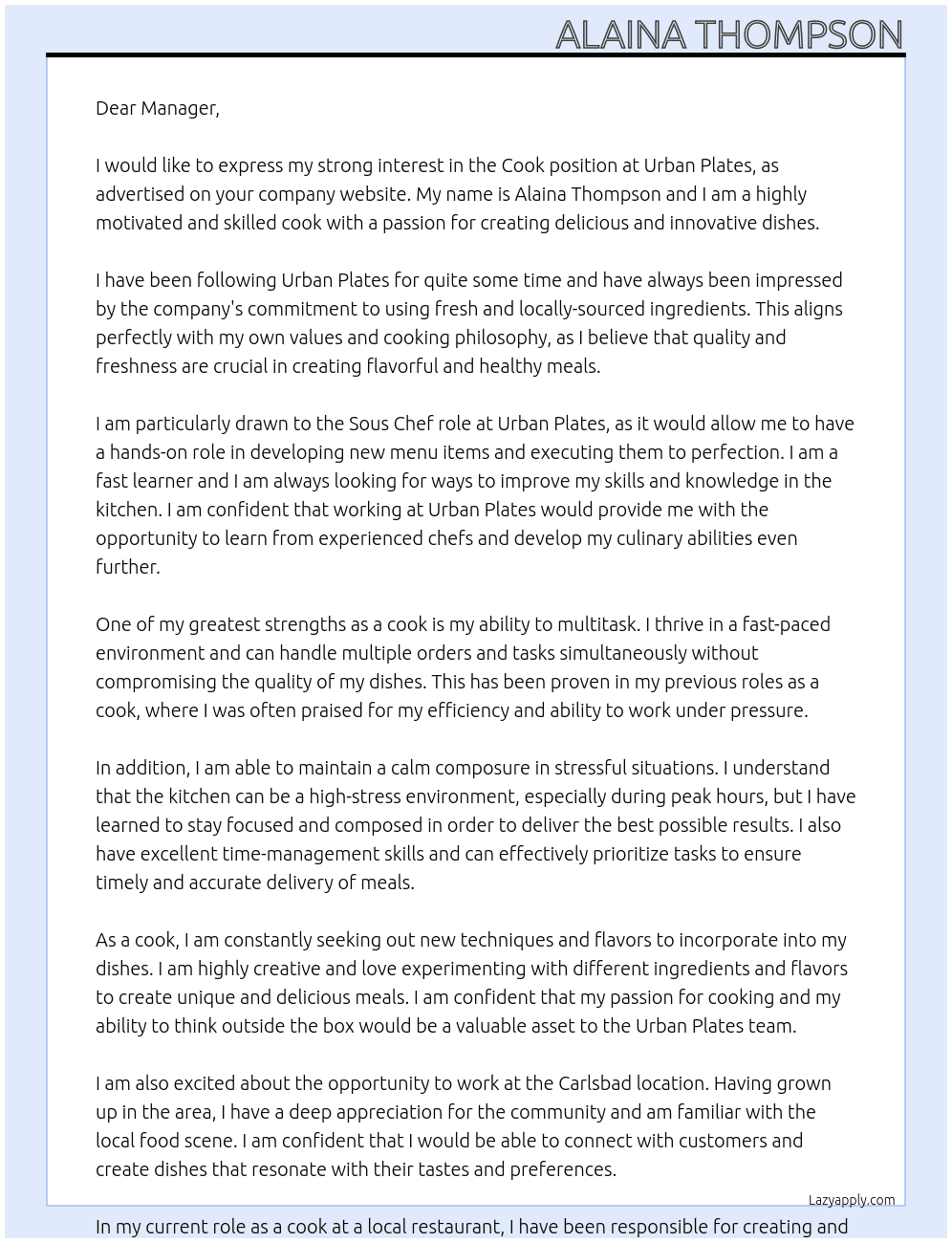 cook At Urban Plates Cover Letter