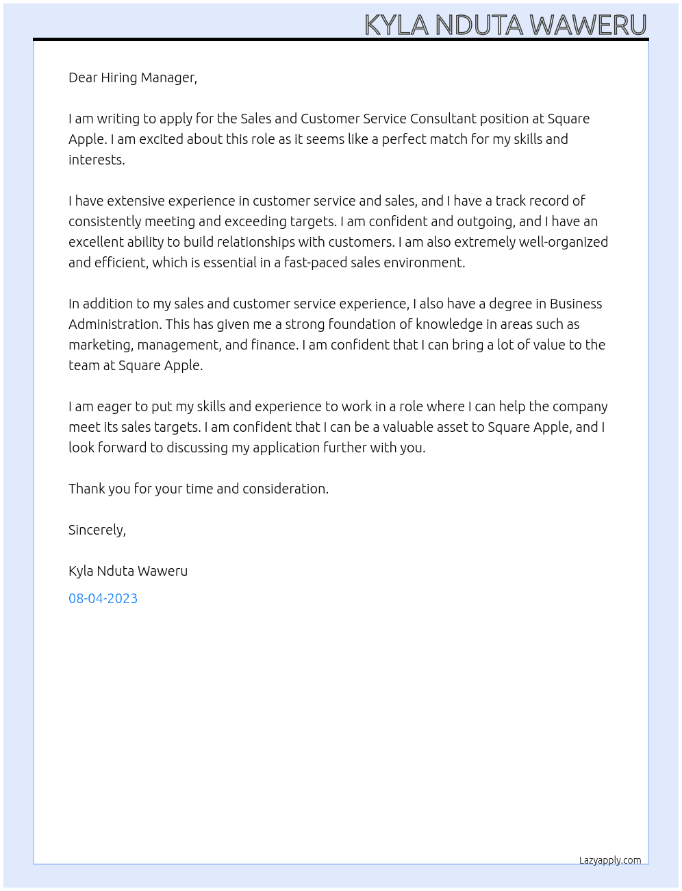 SALES AND CUSTOMER SERVICE CONSULTANT  At  Square Apple  Cover Letter