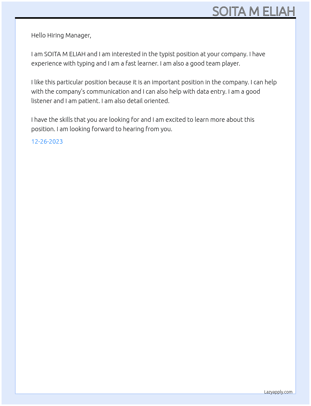 Typist At SOITA M ELIAH Cover Letter