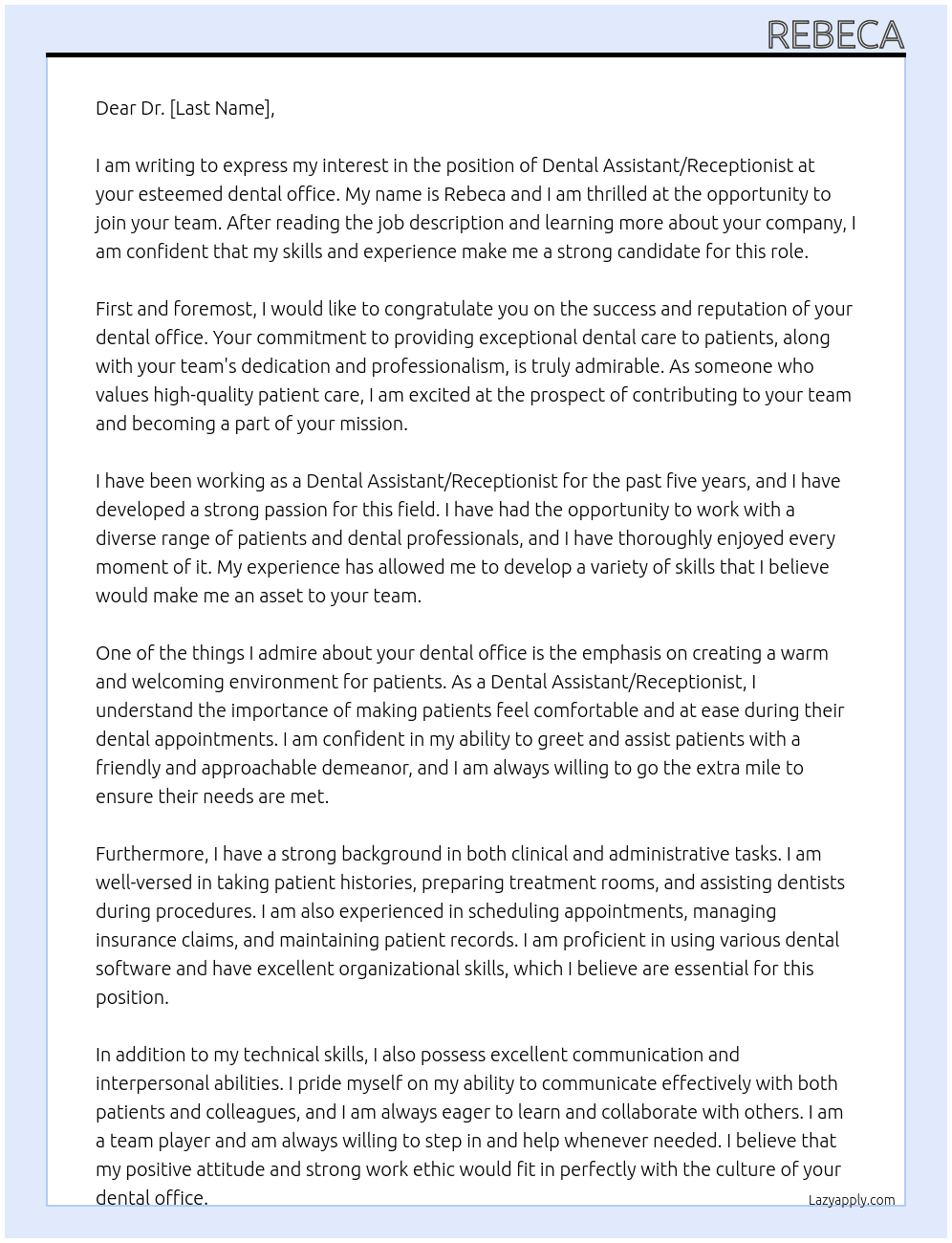 Dental Assistant/Receptionist At Dental Office Cover Letter