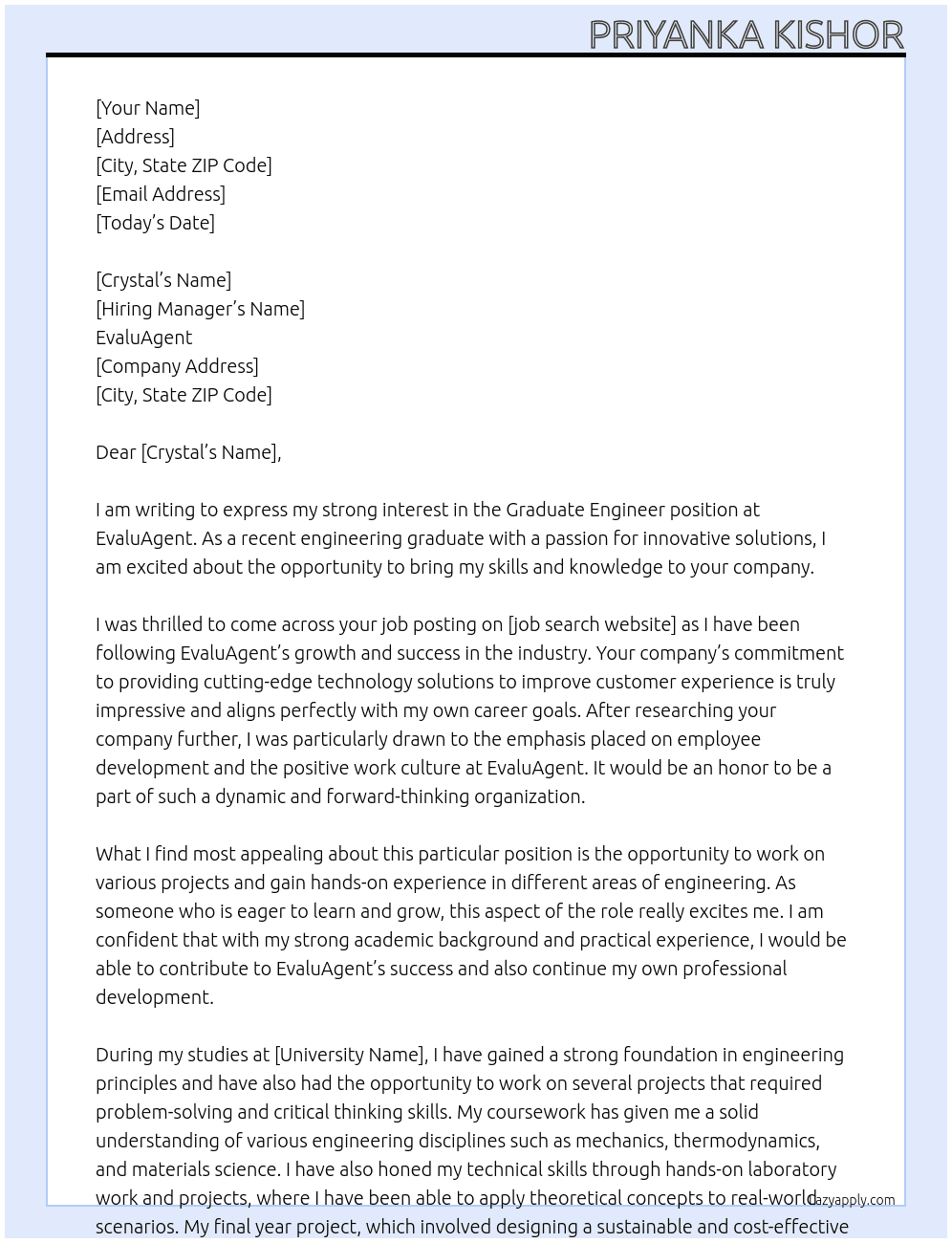 graduate engineer At EvaluAgent Cover Letter