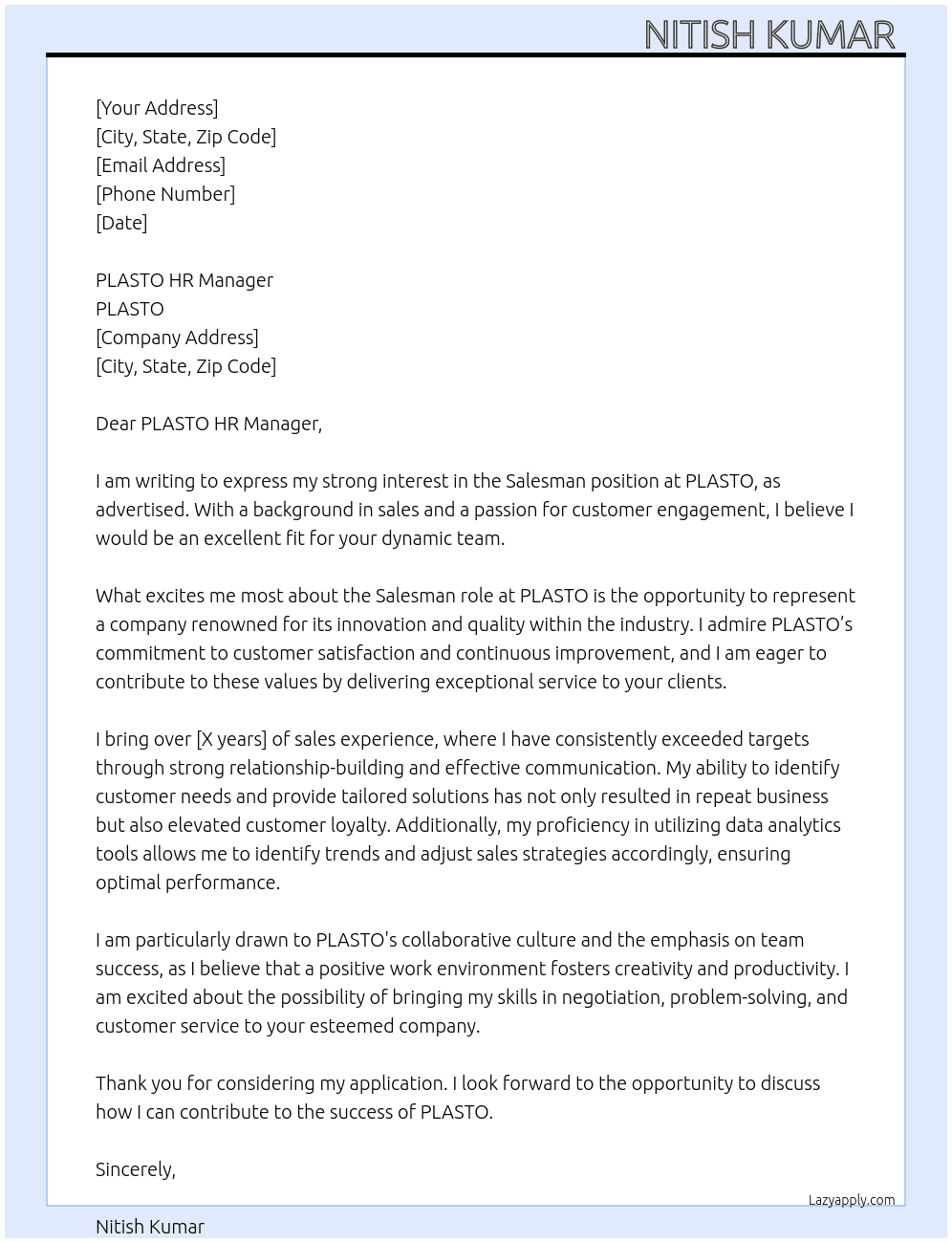 Cover letter for salesman - LazyApply