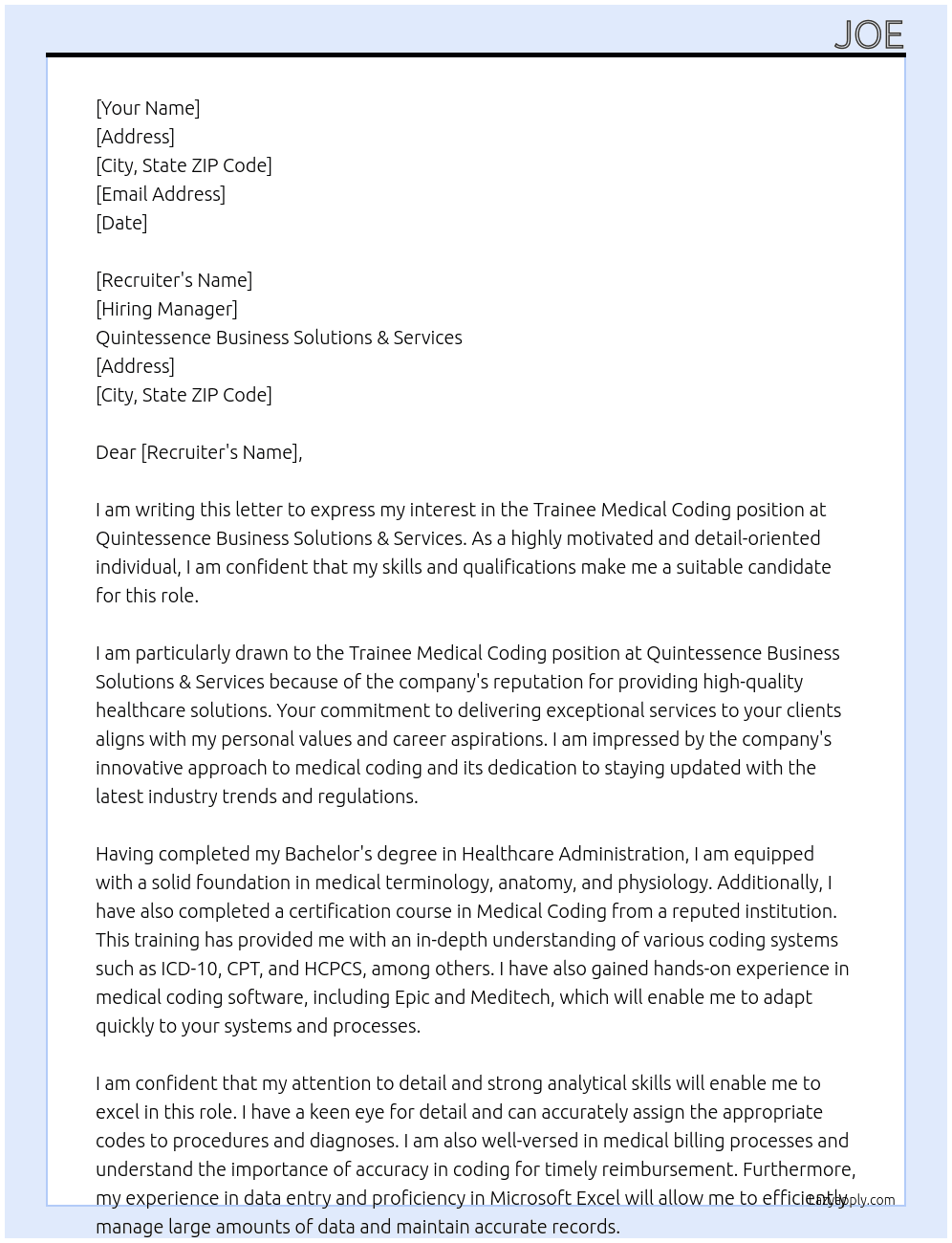 Trainee Medical coding  At Quintessence Business Solutions & Services Cover Letter