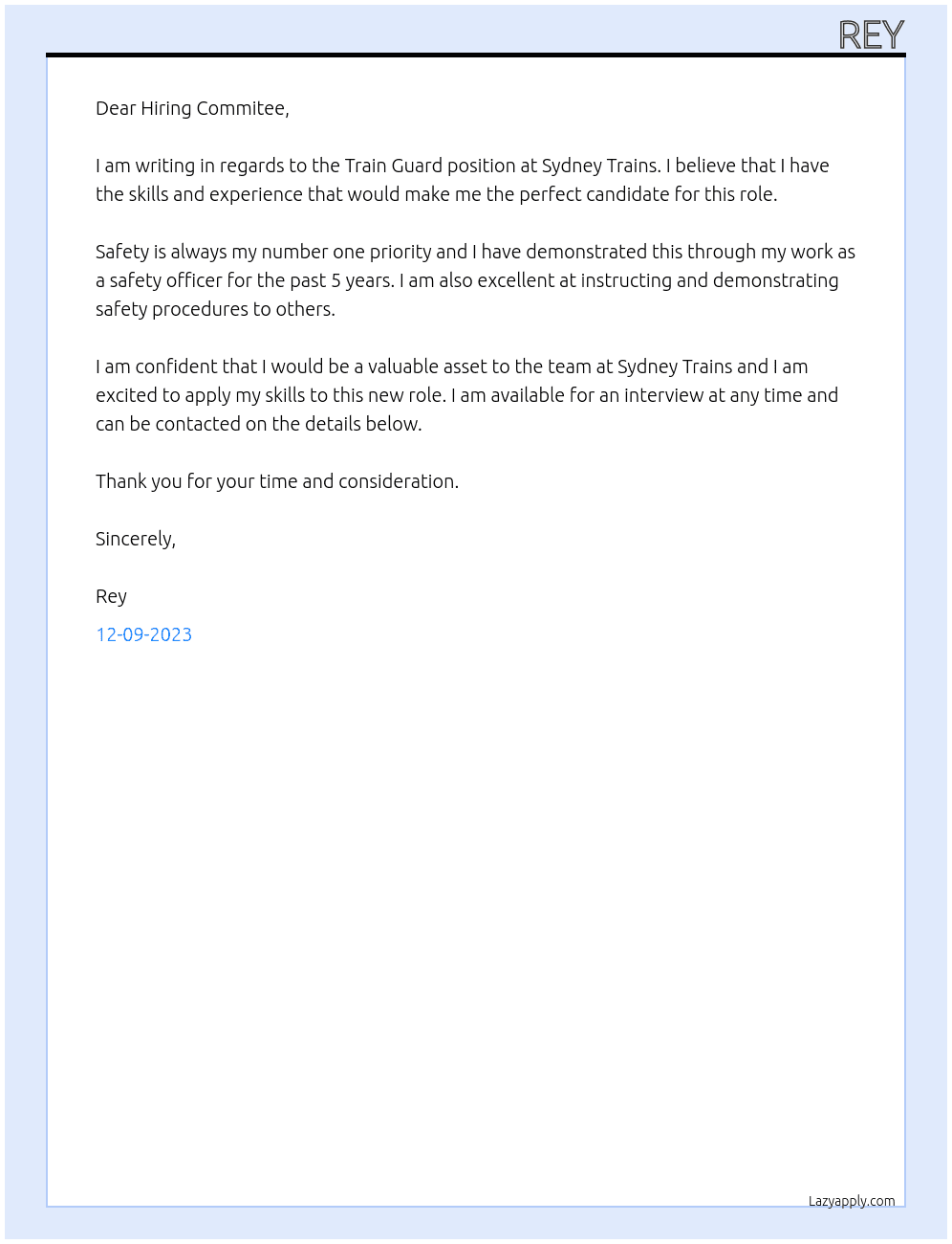Train Guard At Sydney Trains Cover Letter