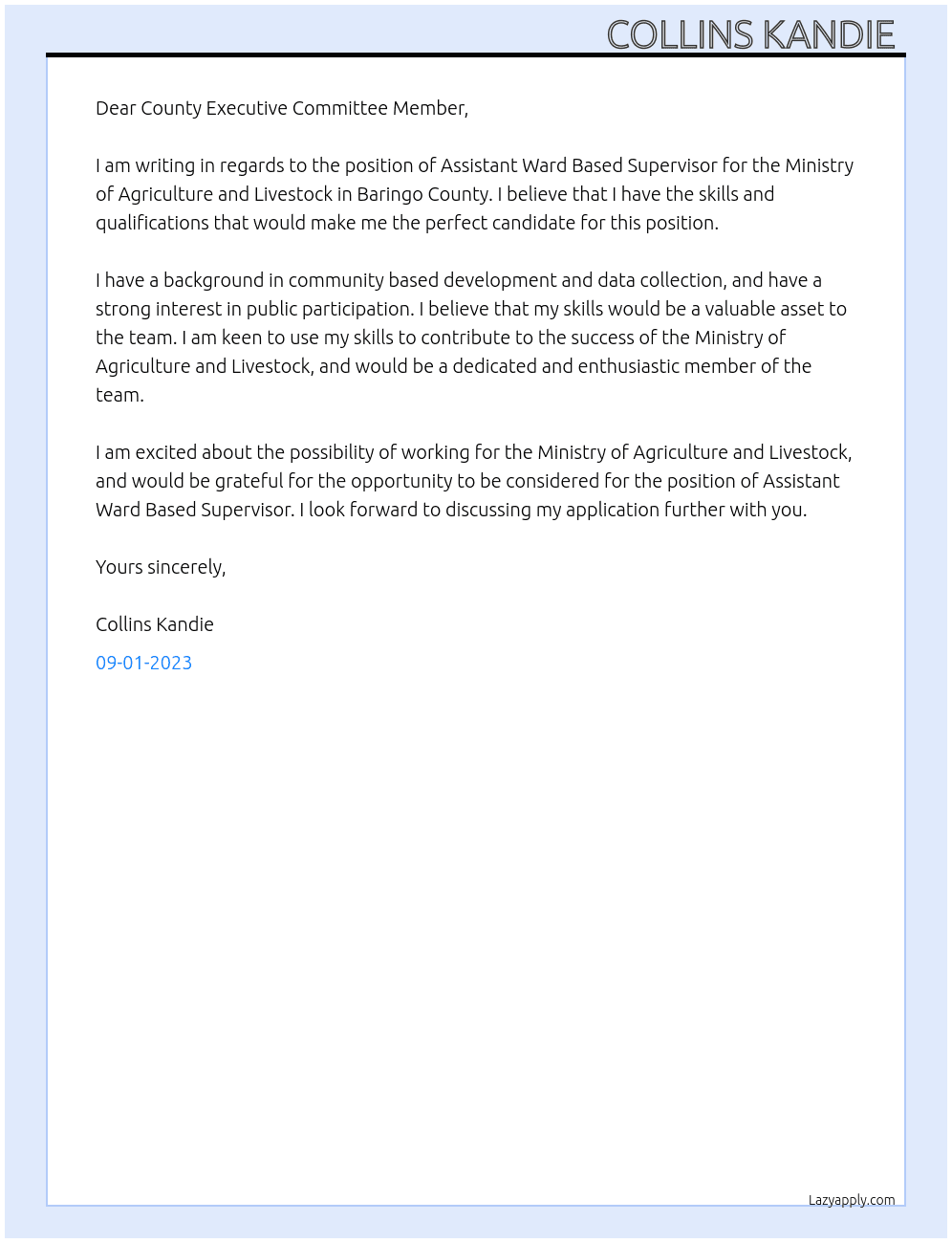 Assistant ward based supervisors  At Ministry of Agriculture and livestock ,Baringo County Cover Letter
