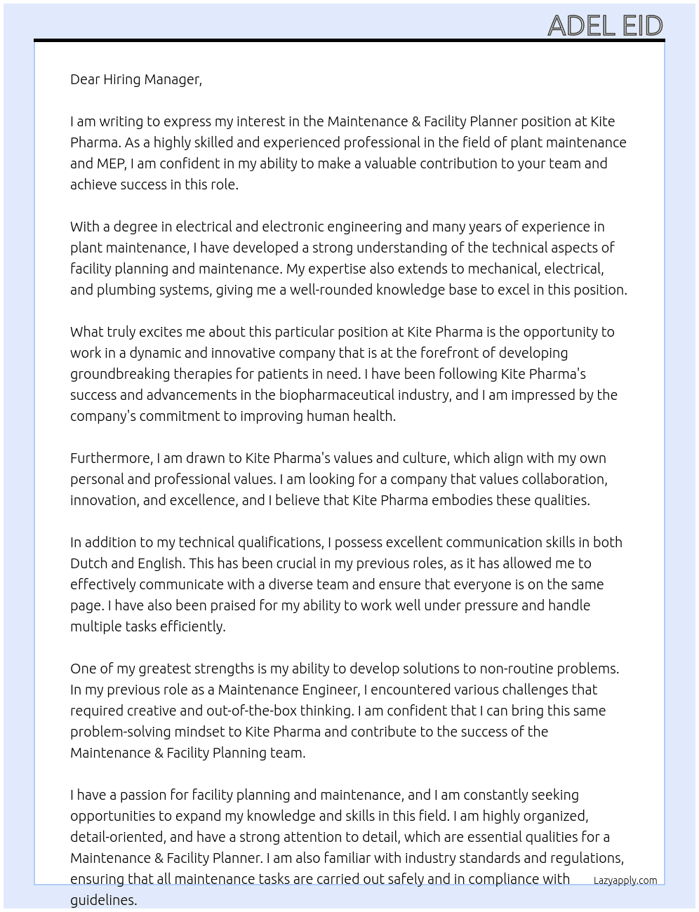 Maintenance & Facility Planner At Kite Pharma Cover Letter