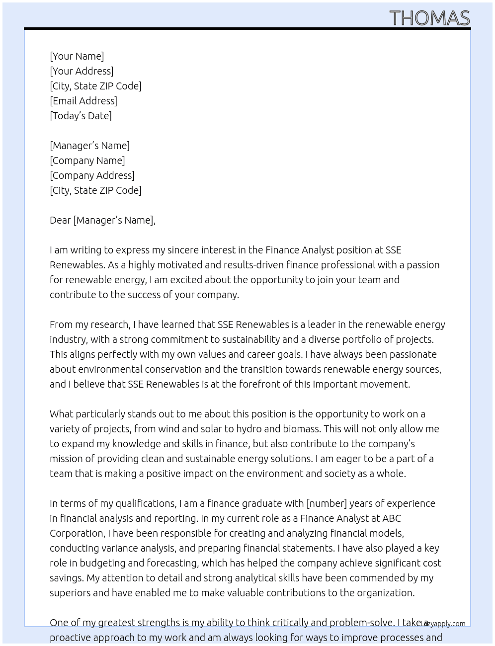 Finance Analyst At SSE Renewables Cover Letter
