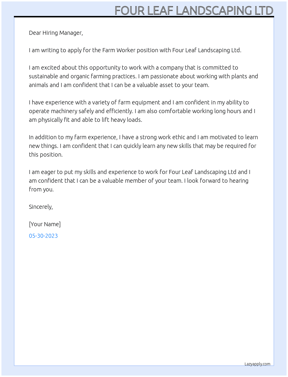 Farm worker At Four leaf landscaping ltd Cover Letter