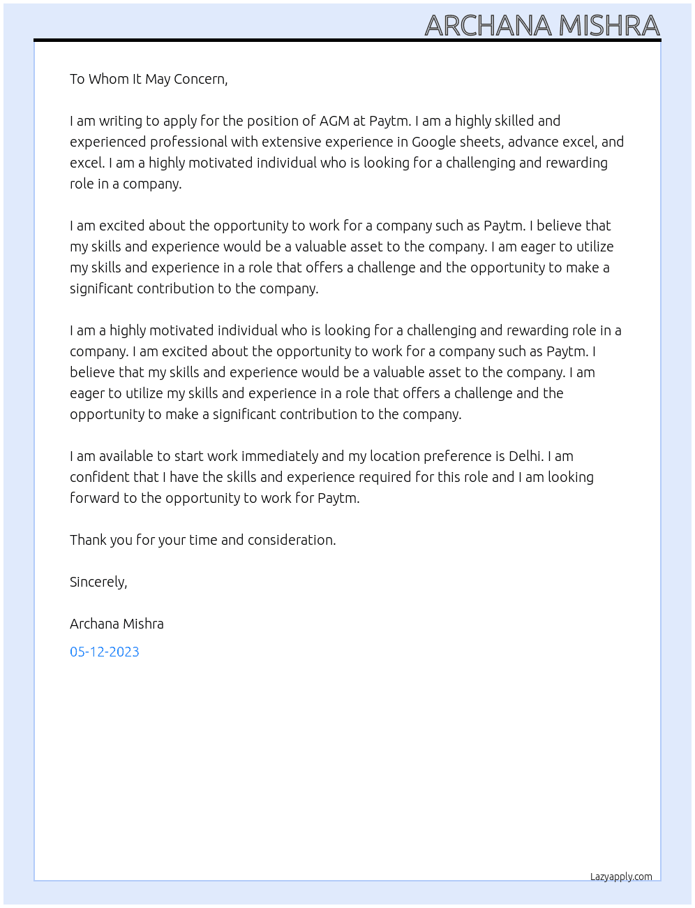 AGM At Paytm Cover Letter