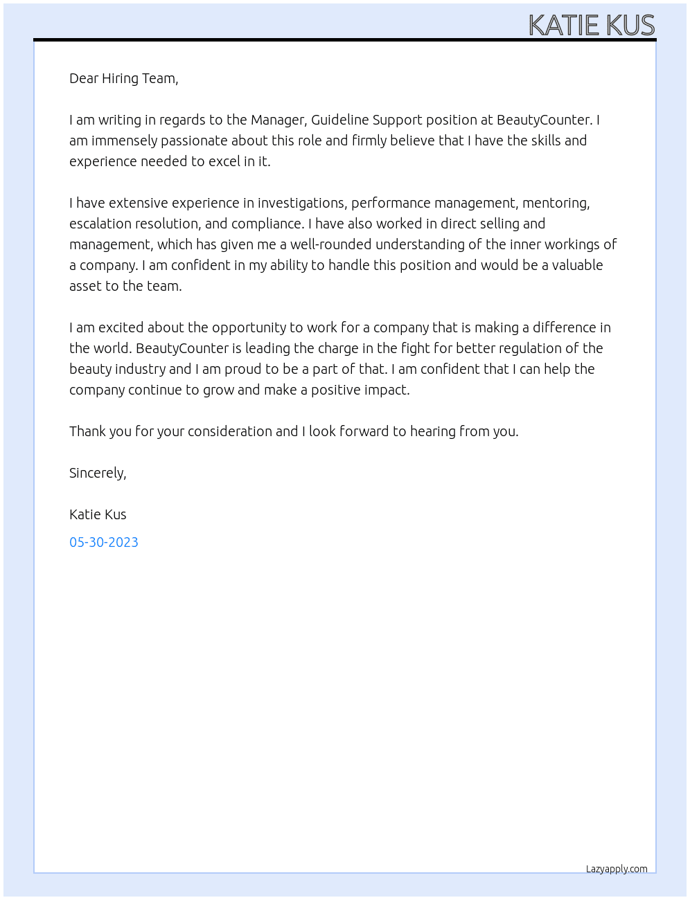 Manager, Guideline Support At BeautyCounter Cover Letter