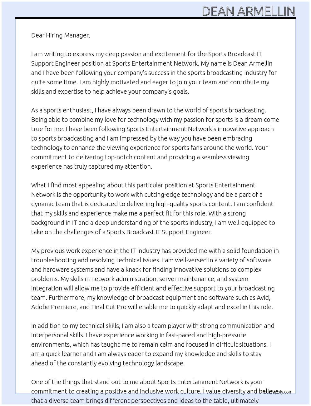 Sports Broadcast IT Support Engineer At Sports Entertainment Network Cover Letter