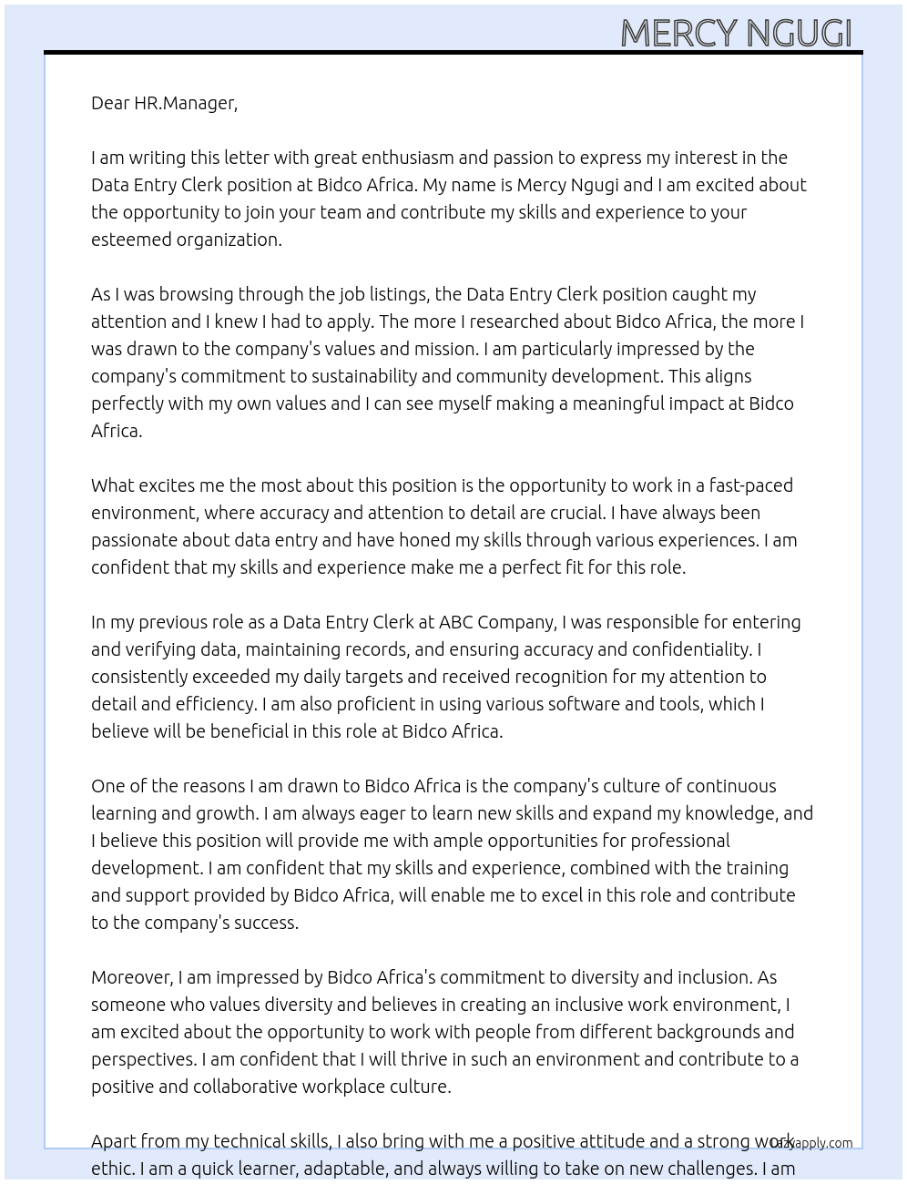 Data entry clerk  At Bidco Africa Cover Letter