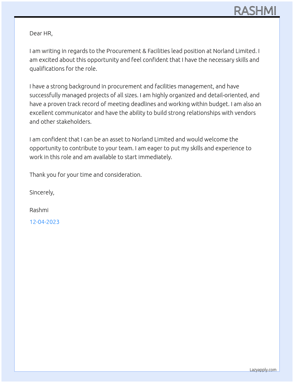 Procurement & Facilities lead  At Norland Limited  Cover Letter