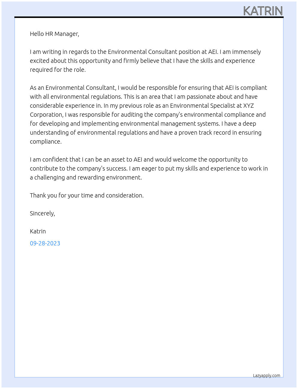 Environmental Consultant At AEI Cover Letter