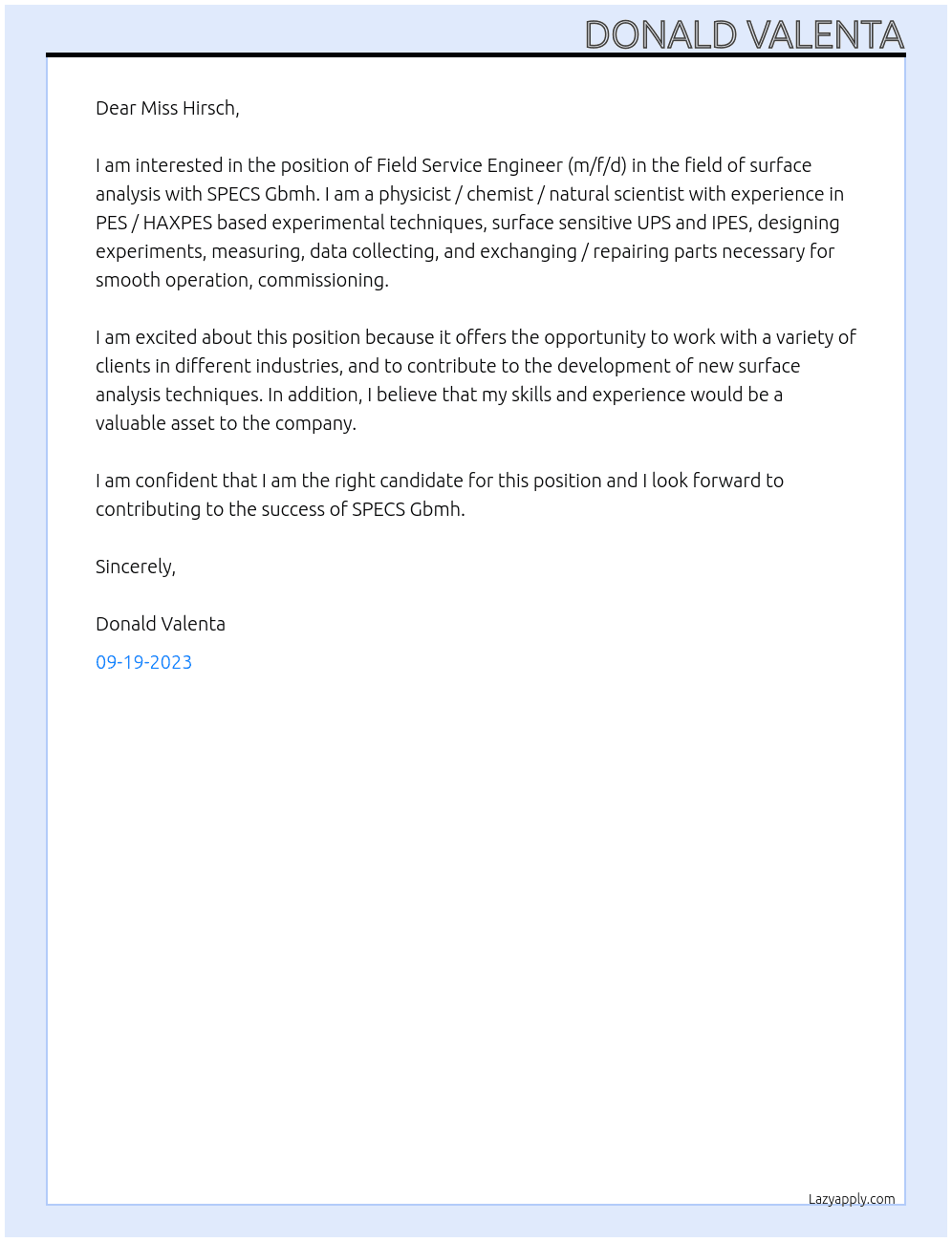 Physicist / chemist / natural scientist as Field Service Engineer (m/f/d) in the field of surface analysi At SPECS Gbmh Cover Letter