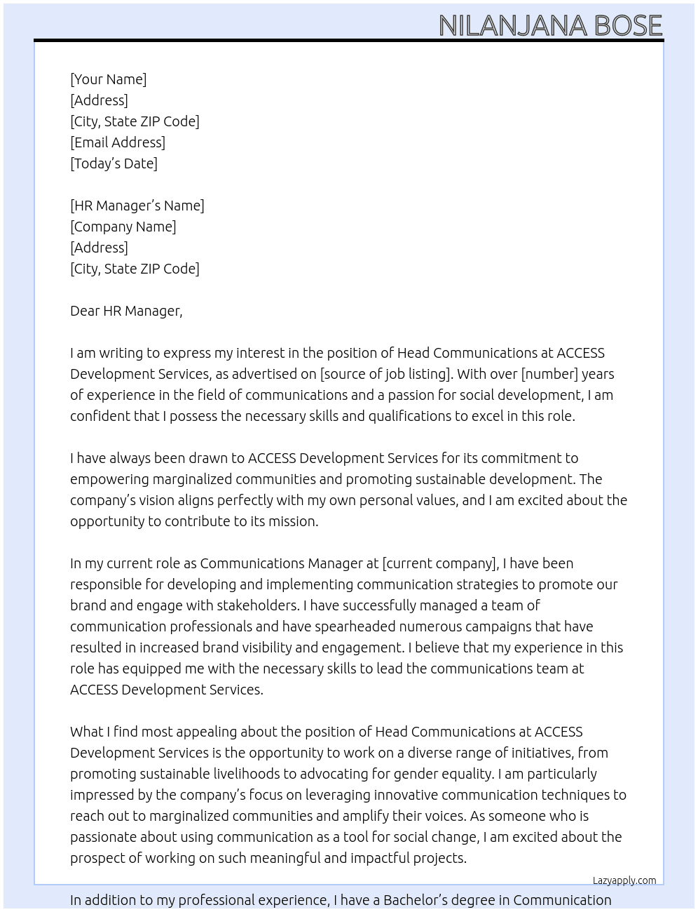 Head Communications At ACCESS Development Services Cover Letter