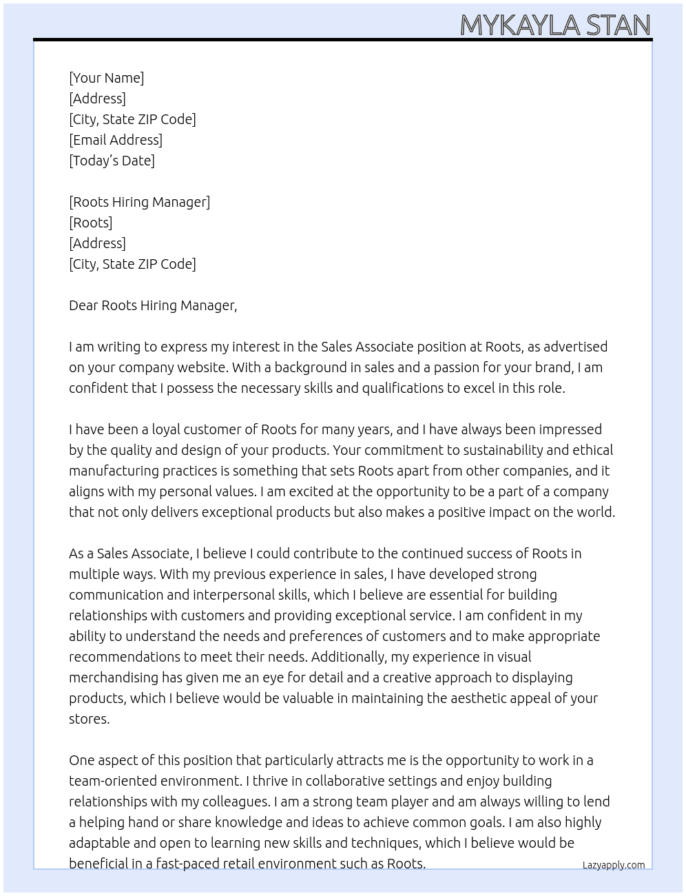 Sales Associate  At Roots Cover Letter