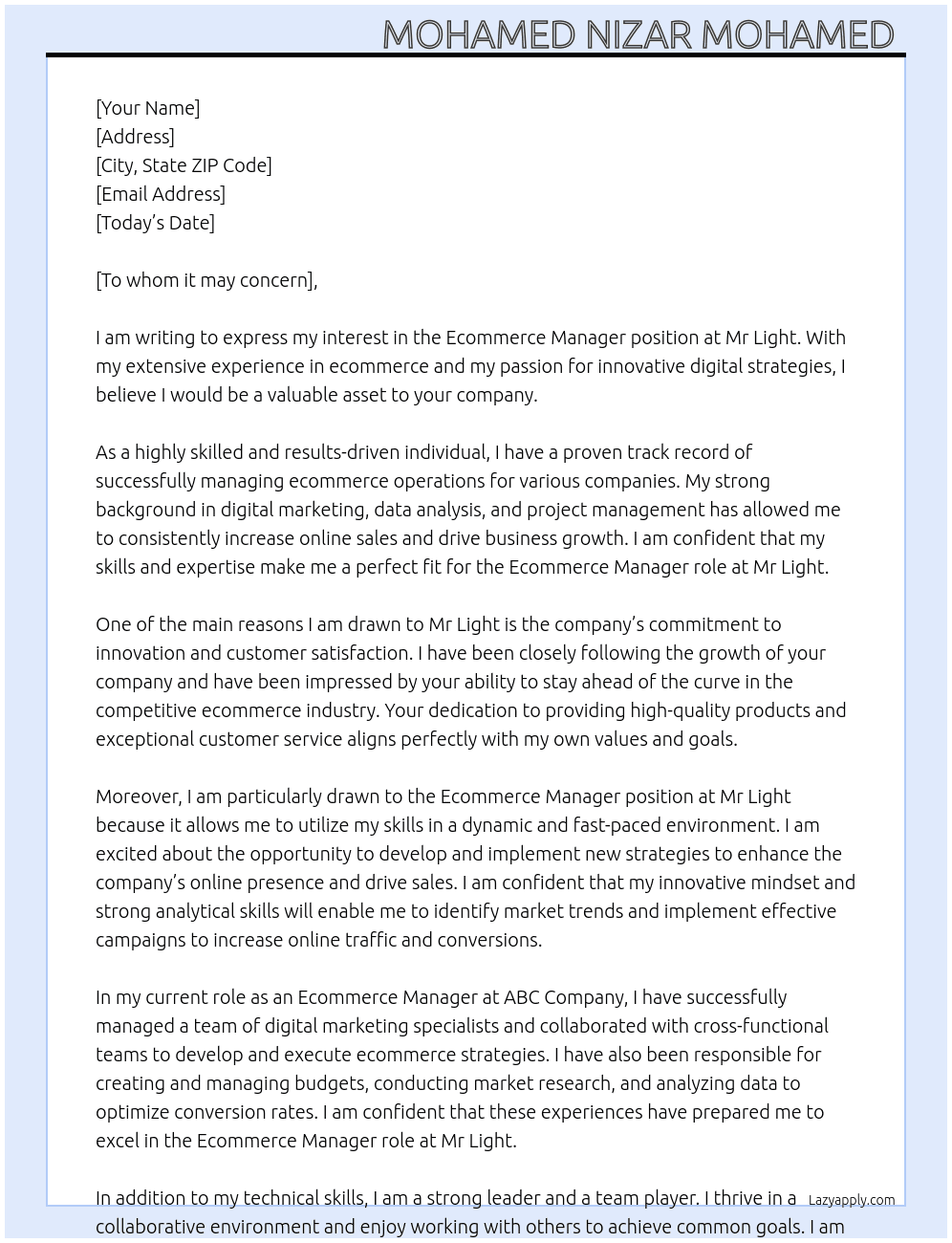 Cover letter for ecommerce manager - LazyApply