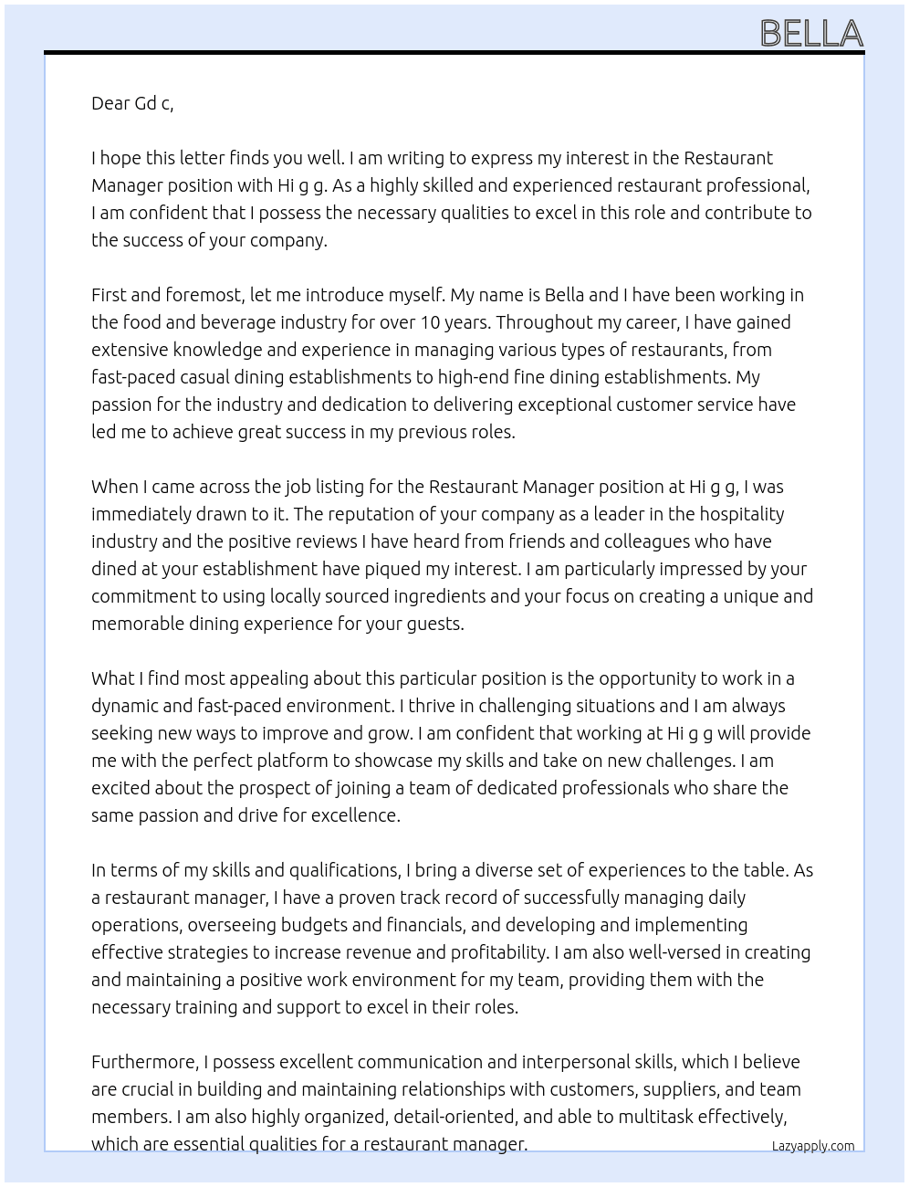 Restaurant Manager  At Hi g g Cover Letter