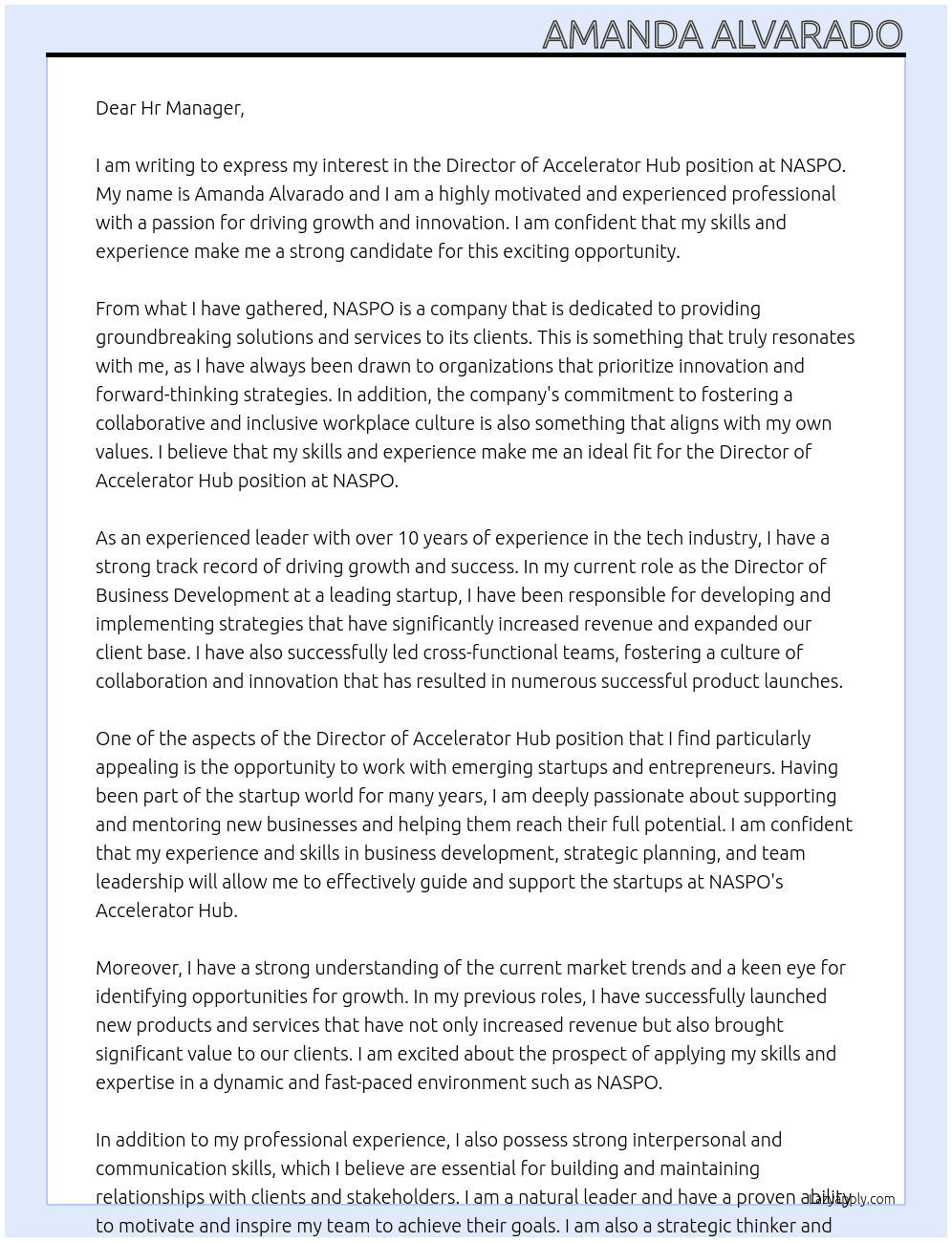 Director of Accelerator Hub At NASPO Cover Letter