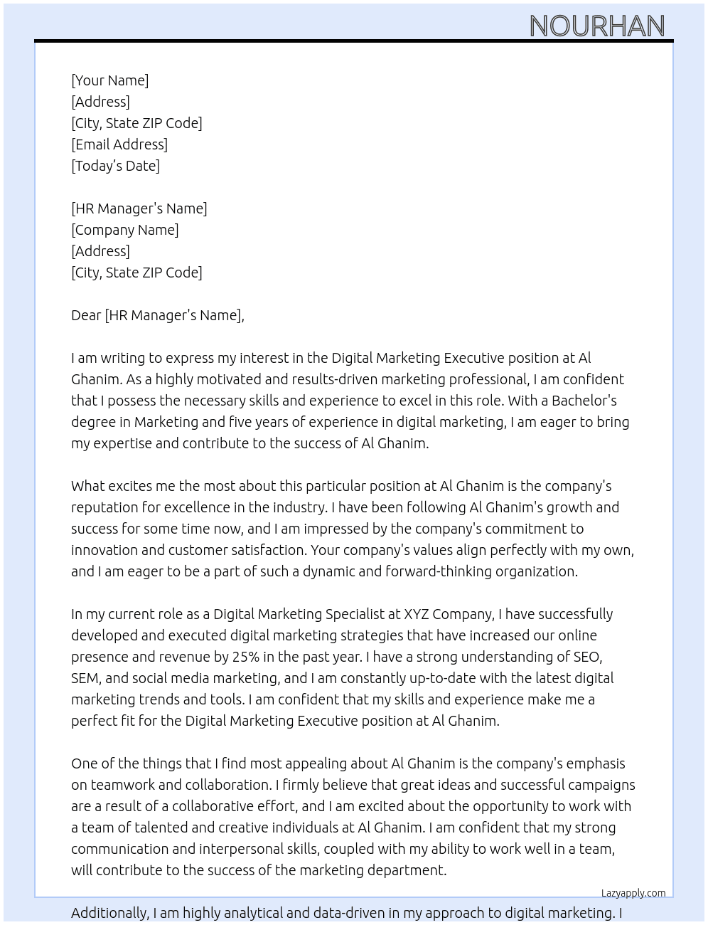  Digital Marketing Executive At Al ghanim Cover Letter