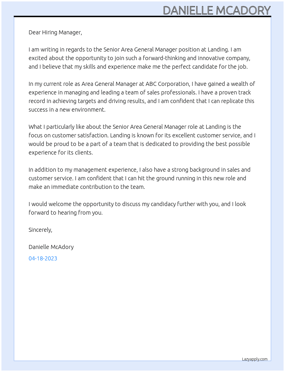 SENIOR AREA GENERAL MANAGER At Landing Cover Letter