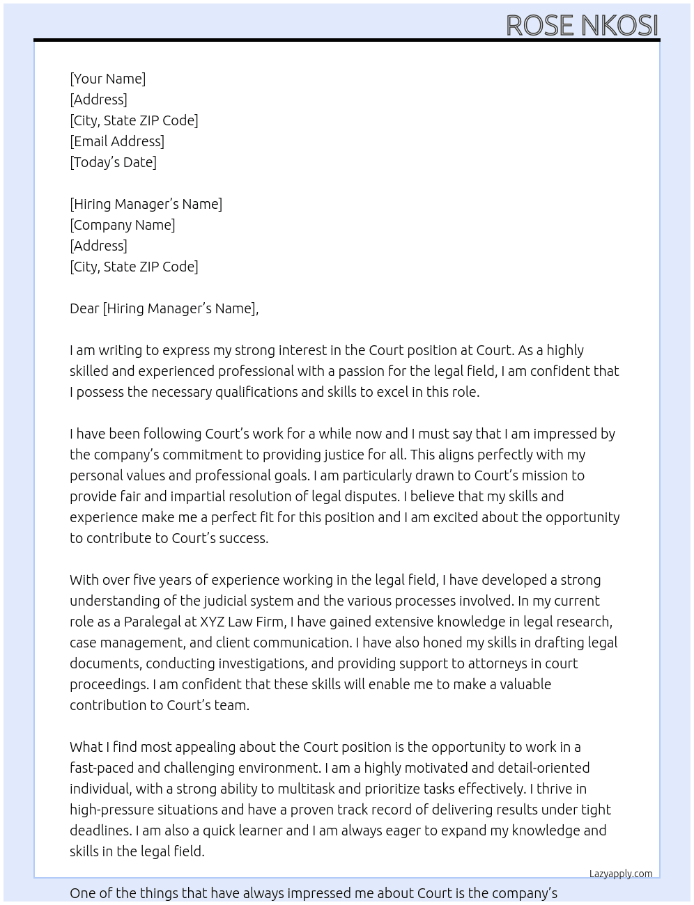 Cover letter for court - LazyApply