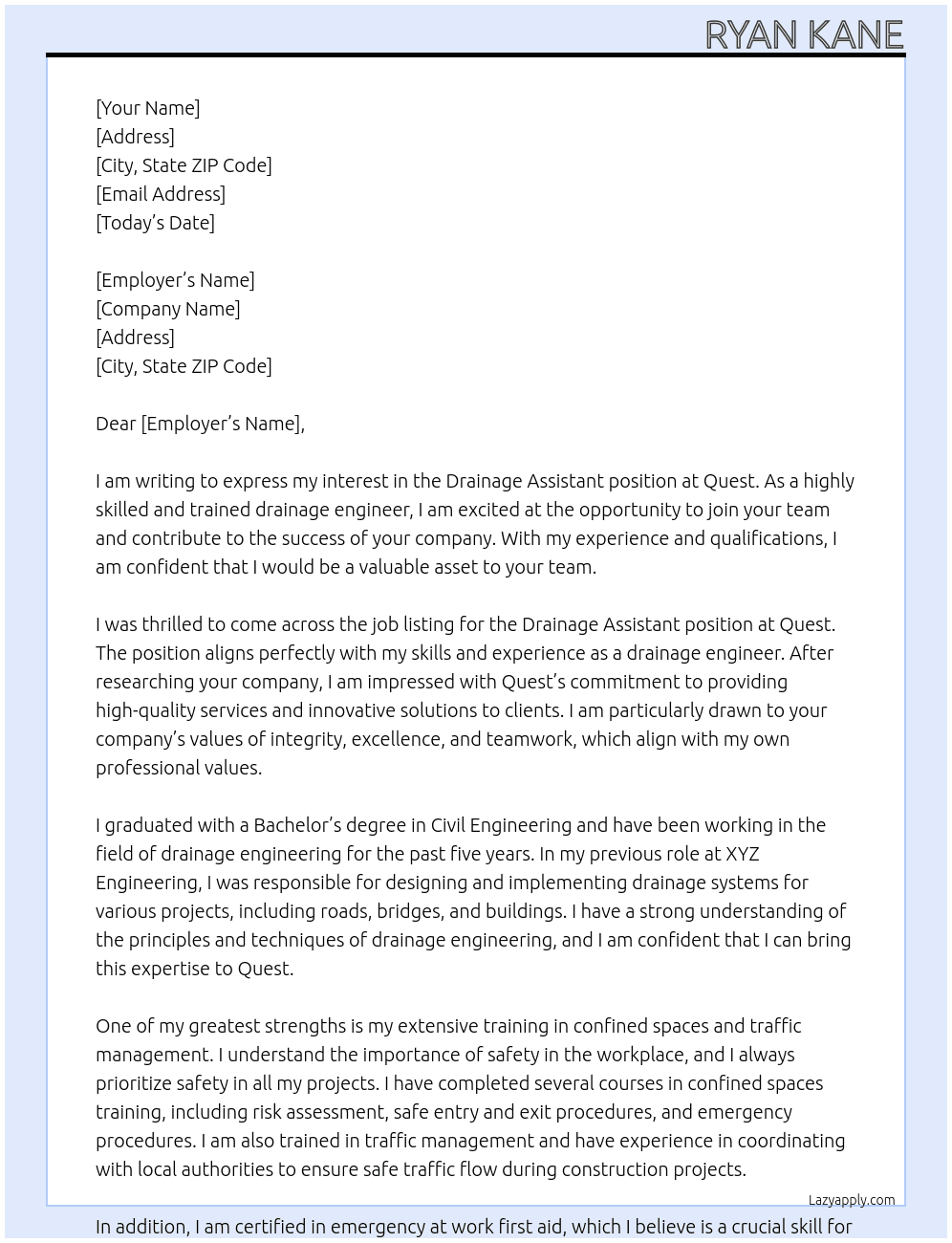Drainage assistant  At Quest Cover Letter
