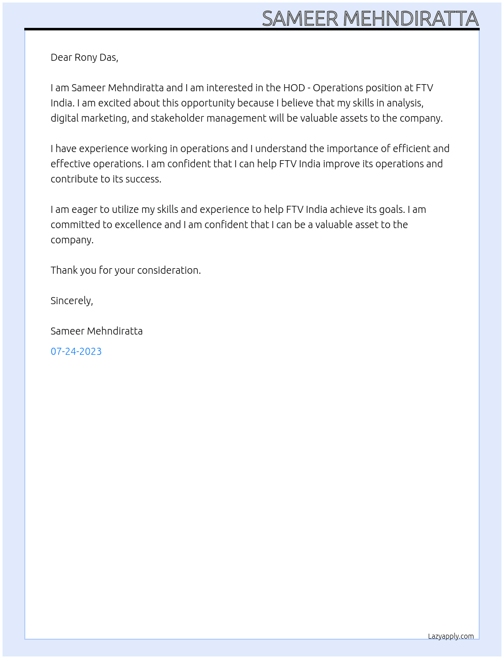 HOD - Operations At FTV India Cover Letter