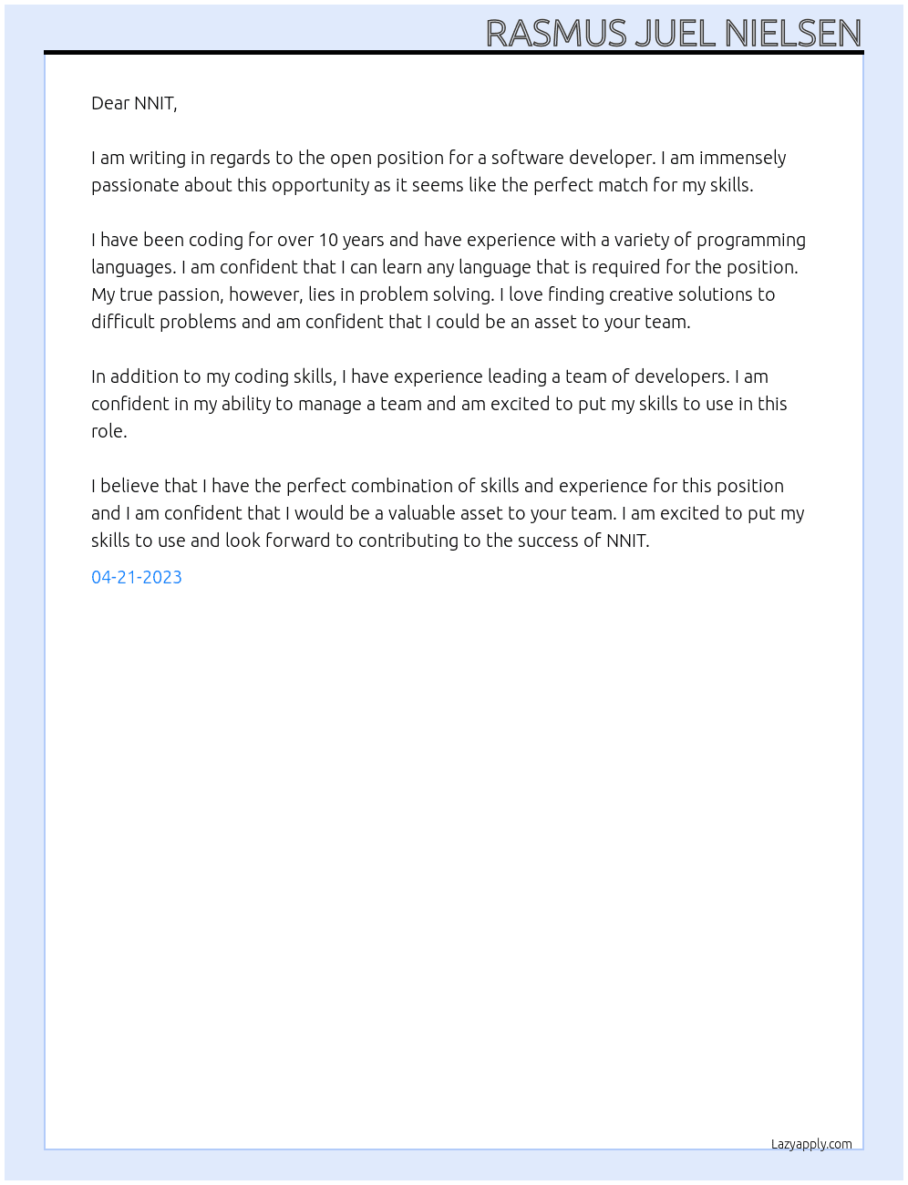 Software developer At NNIT Cover Letter