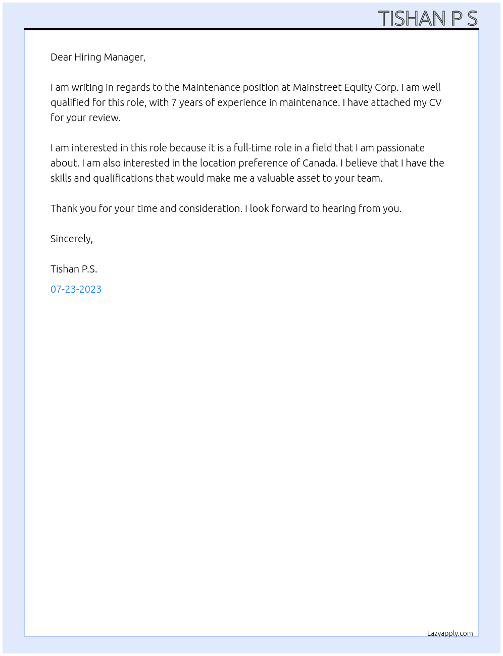 Maintenance  At Mainstreet equity corp Cover Letter