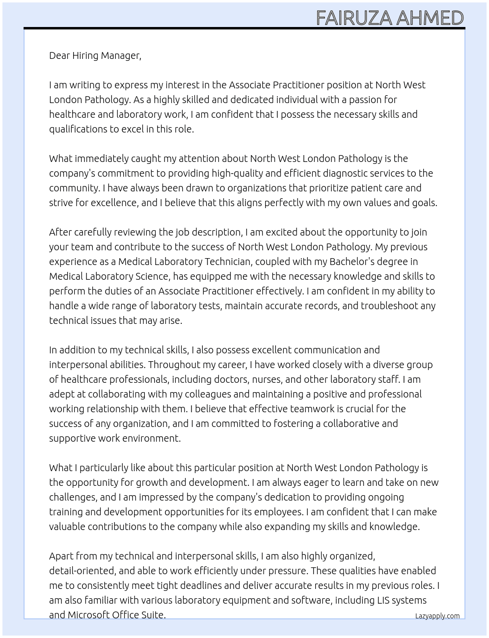 Associate Practitioner At North West London Pathology Cover Letter