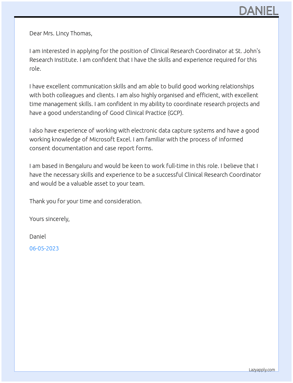 Clinical Research Coordinator  At St. John's Research Institute Cover Letter