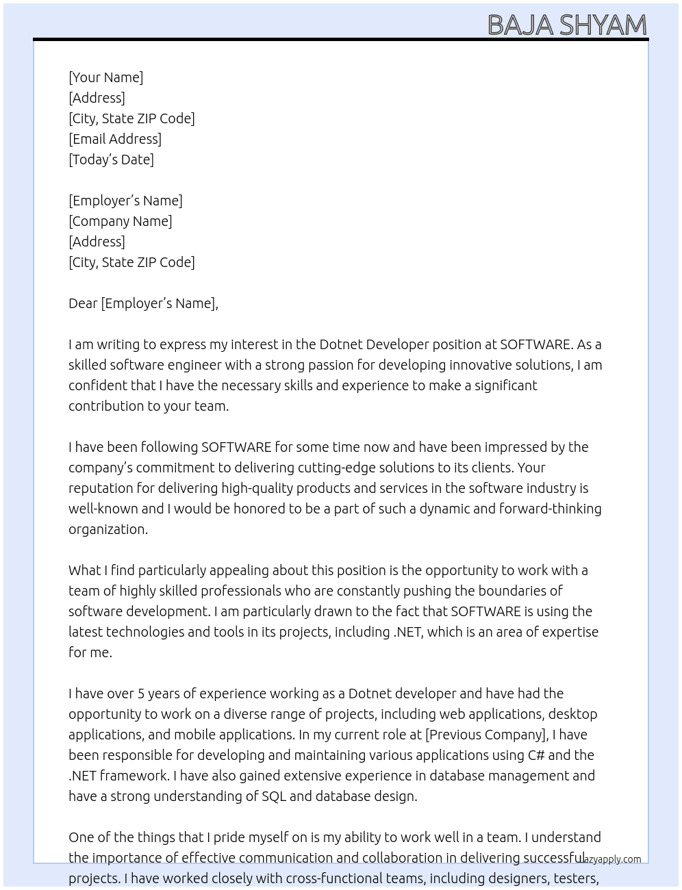 Dotnet developer At SOFTWARE Cover Letter
