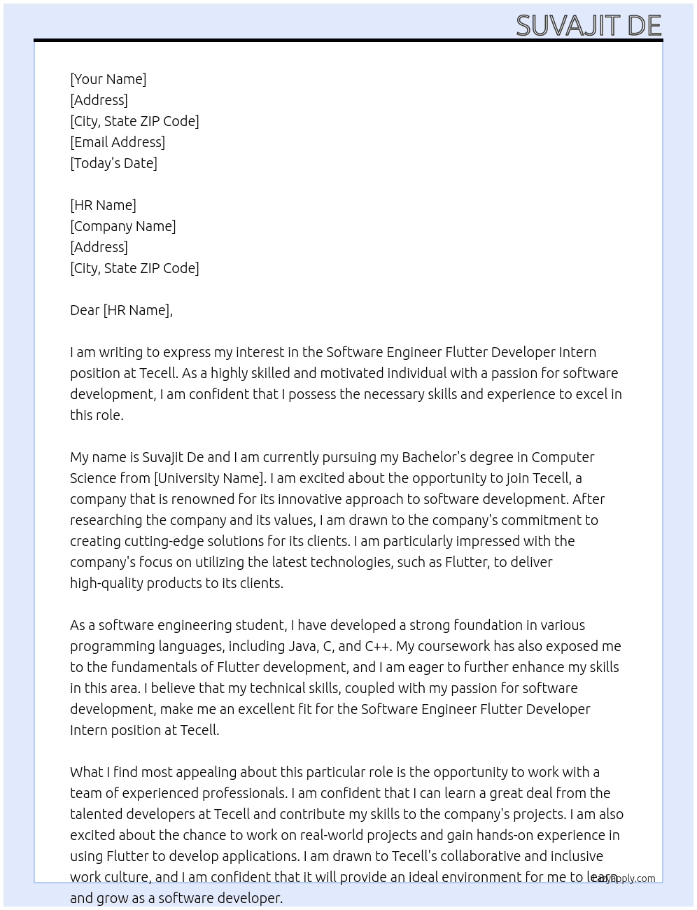 Software Engineer Flutter devoloper intern  At Tecell Cover Letter