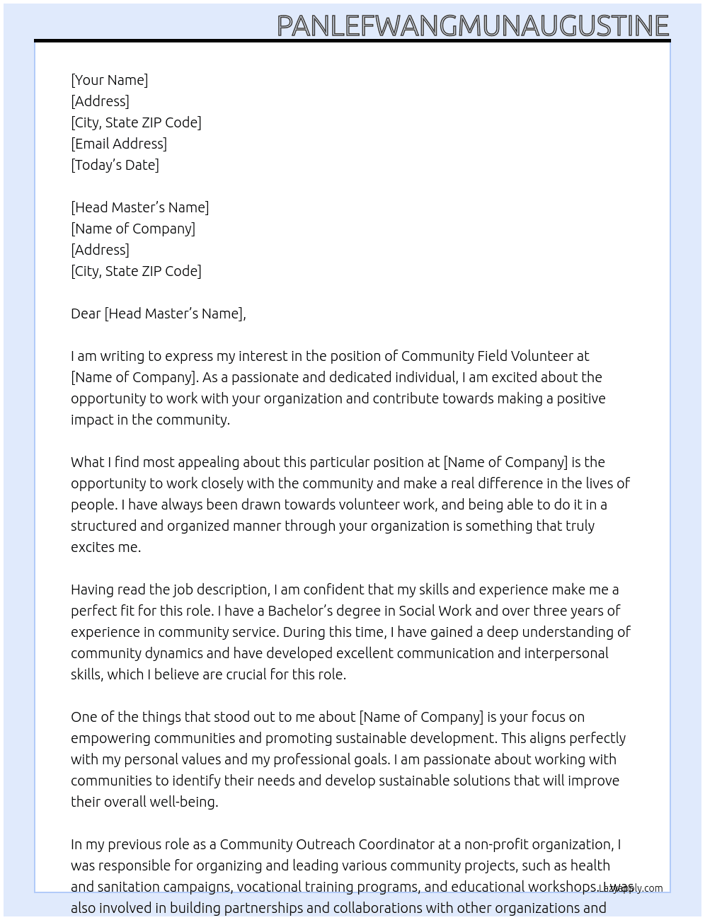 COMMUNITY FIELD VOLUNTEER  At COMMUNITY FIELD VOLUNTEER Cover Letter