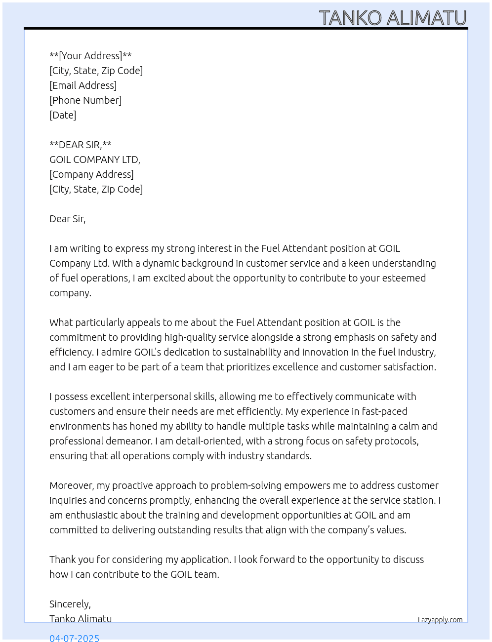 FUEL ATTENDANT At GOIL COMPANY LTD Cover Letter