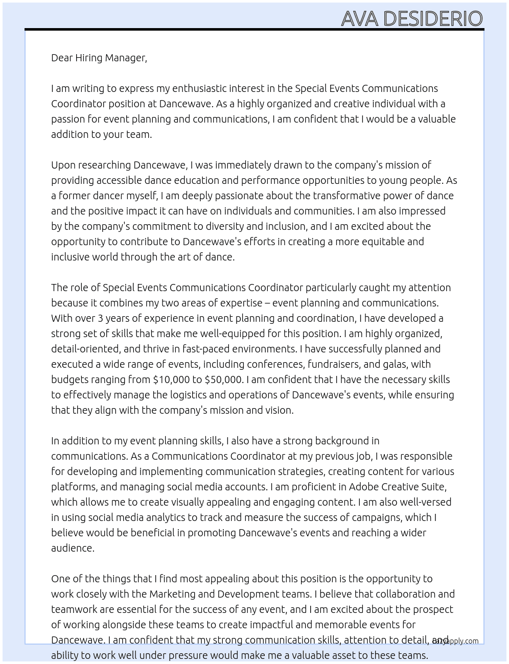 Special Events Communications Coordinator  At Dancewave Cover Letter