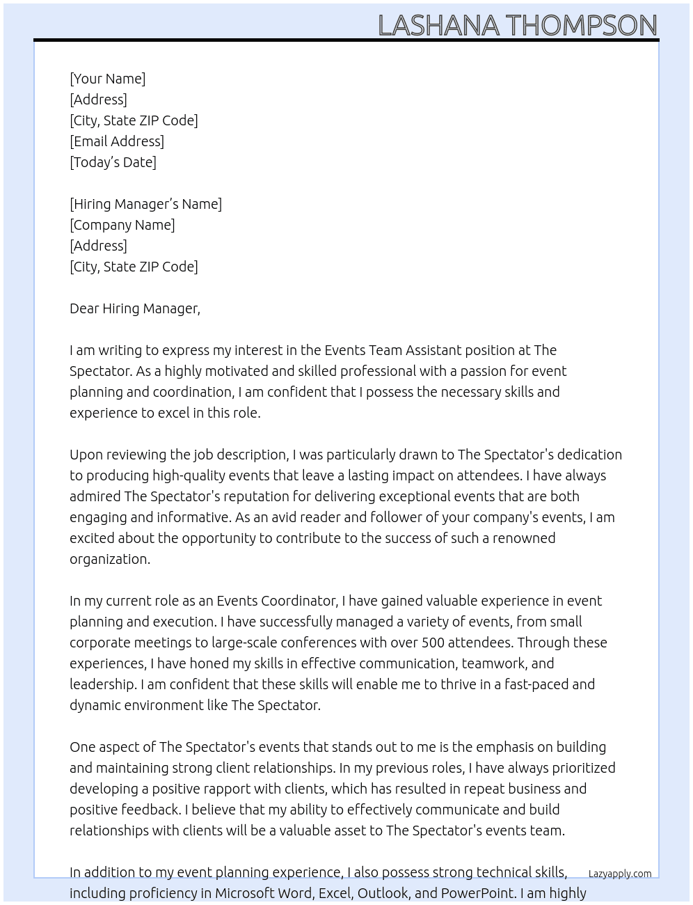 Events Team Assistant At The Spectator Cover Letter