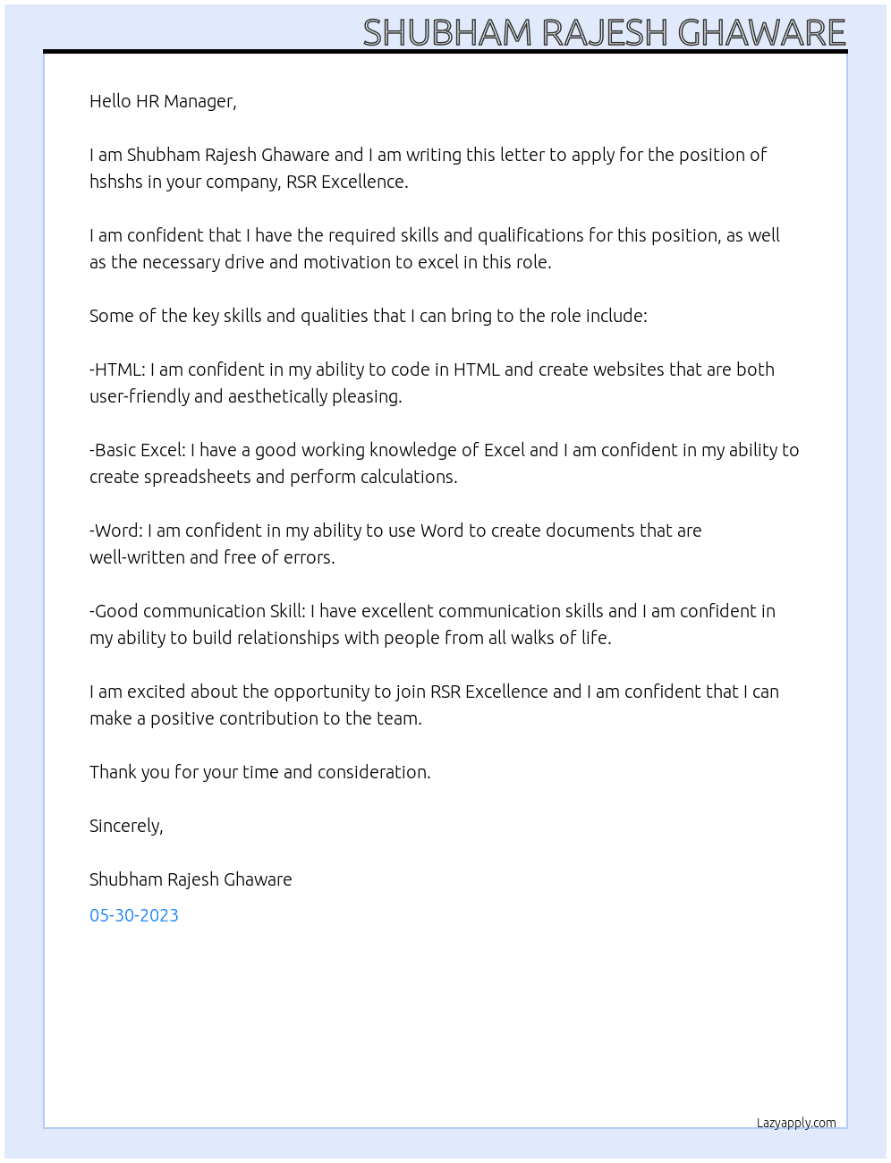 Hshshs At RSR Excellence  Cover Letter