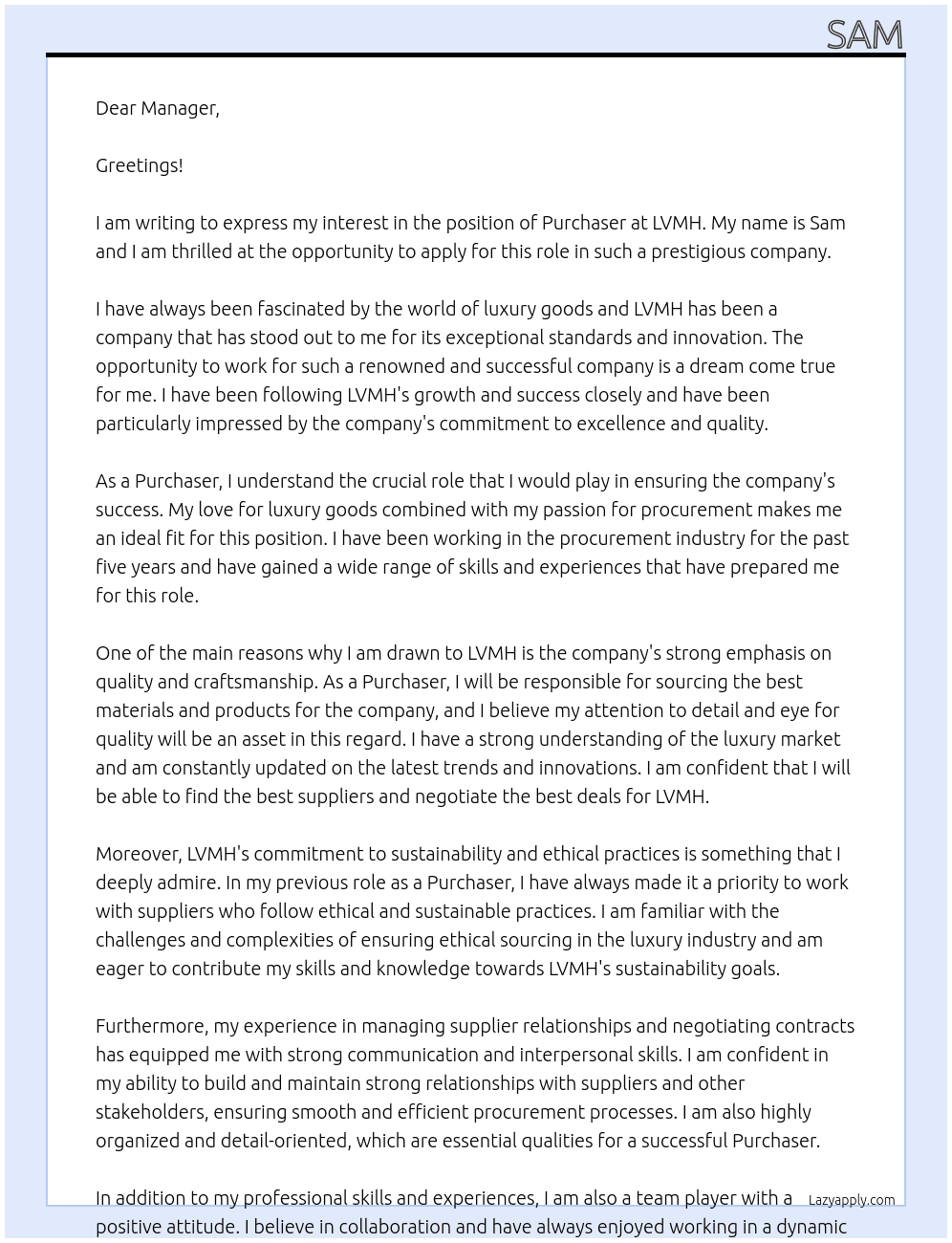 purchaser At lvmh Cover Letter