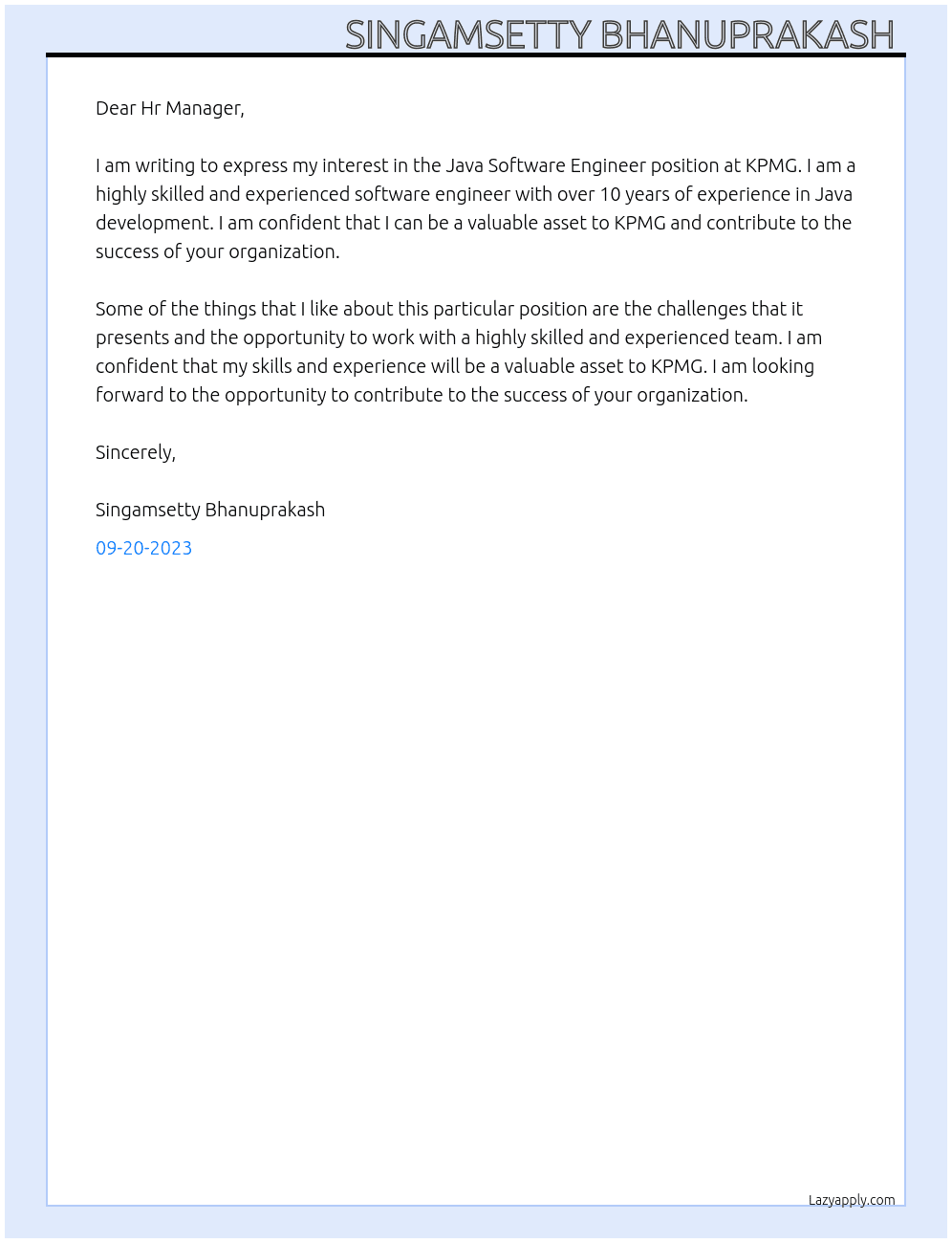 JAVA SOFTWARE ENGINEER At KPMG Cover Letter