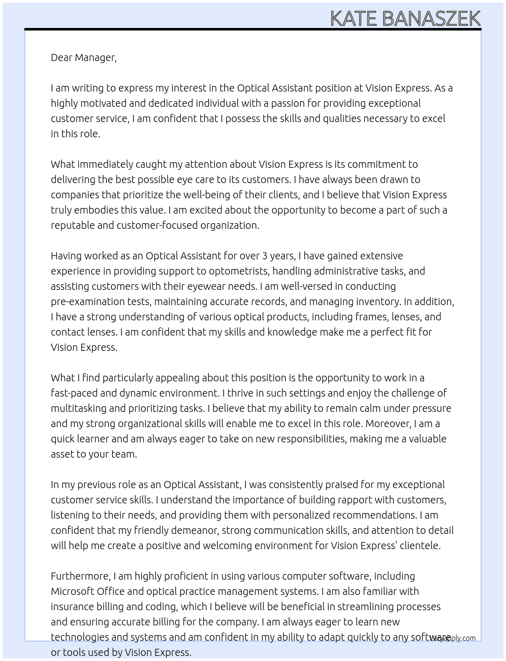 Optical Assistant At Vision Express Cover Letter