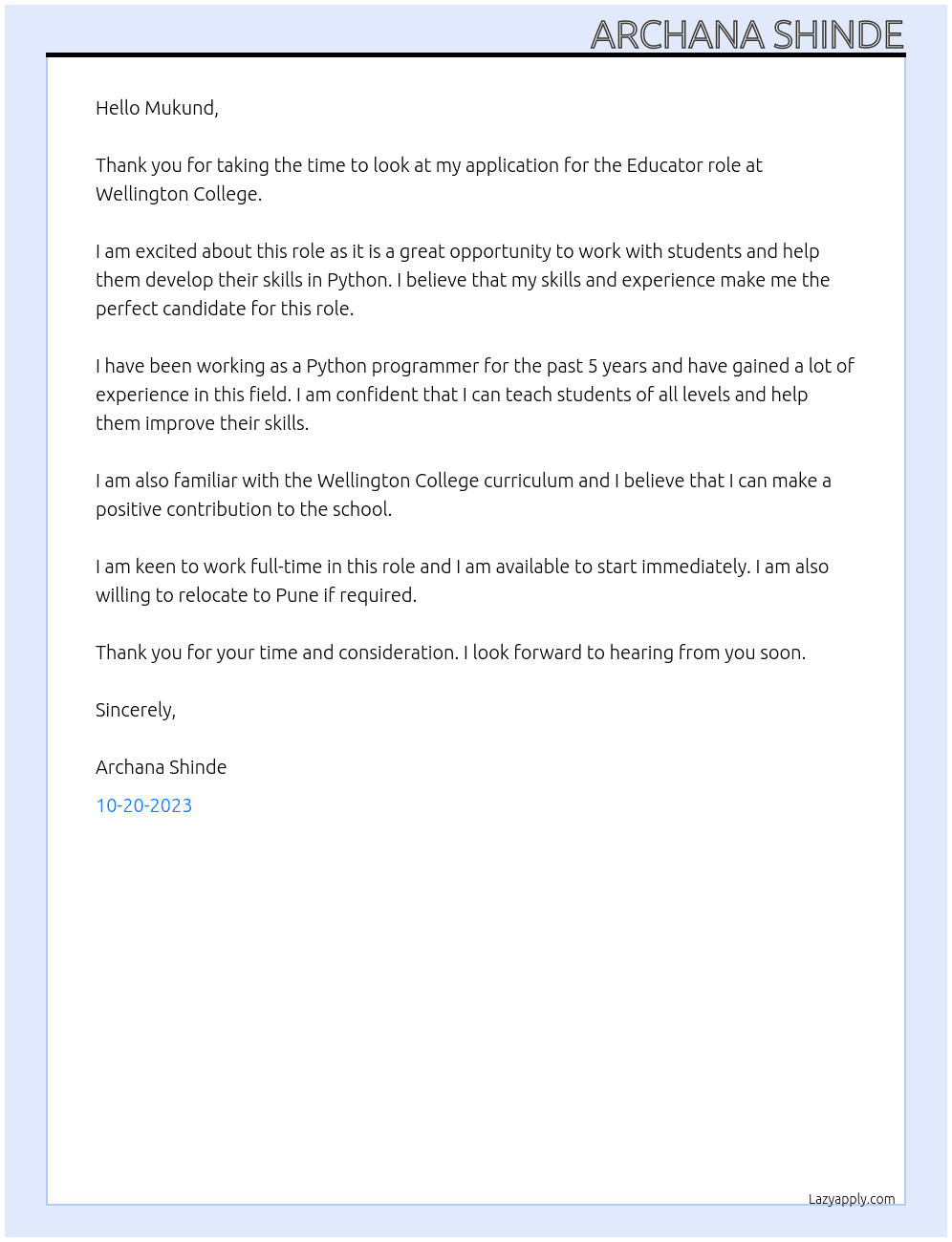 Educator At wellington college Cover Letter