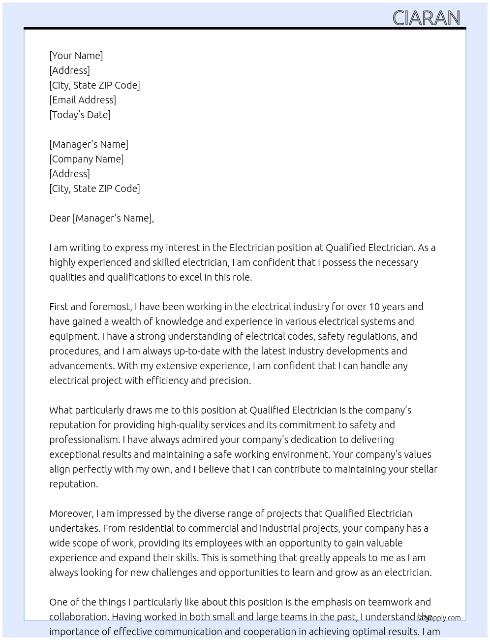 Electrician  At Qualified Electrician  Cover Letter