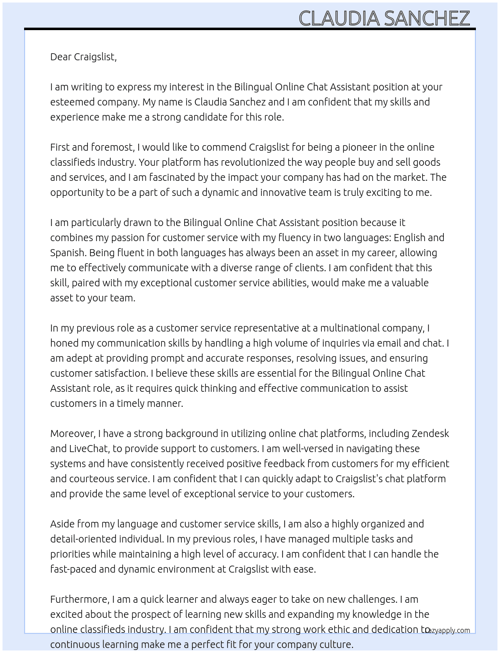 Bilingual Online Chat Assistant At Craigslist Cover Letter
