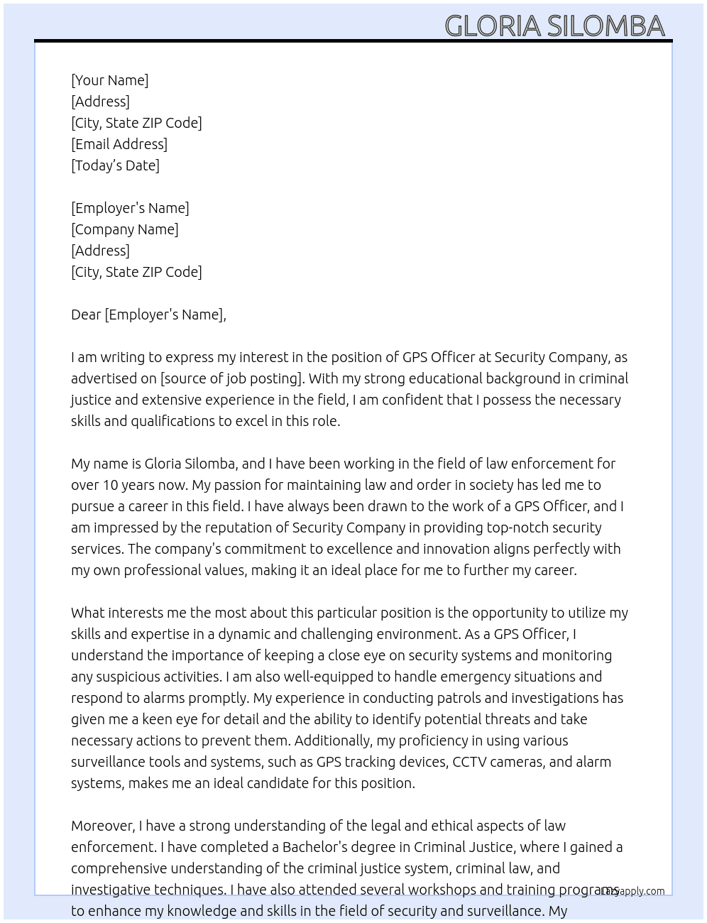 GPS officer  At Security company  Cover Letter