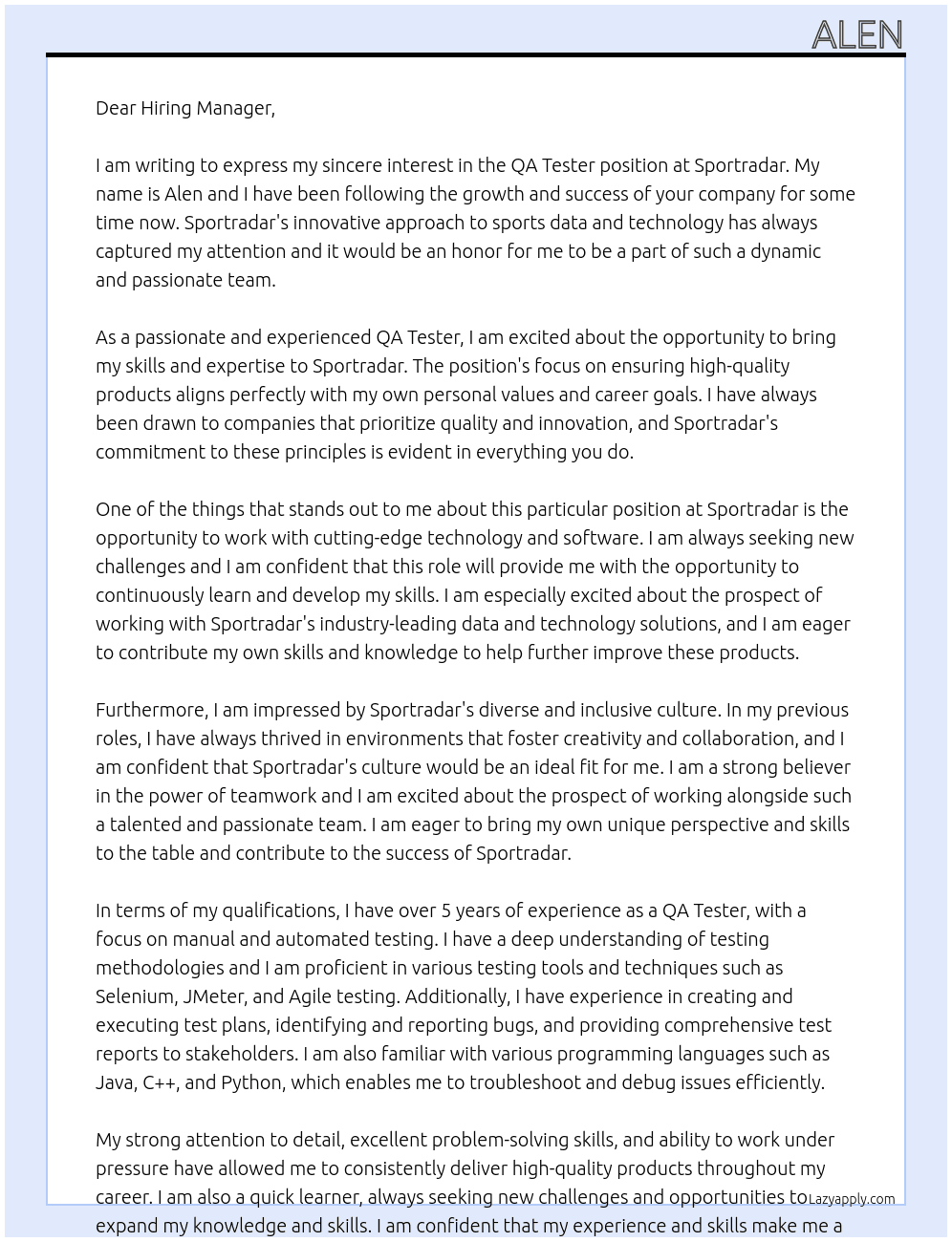 QA Tester At Sportradar Cover Letter