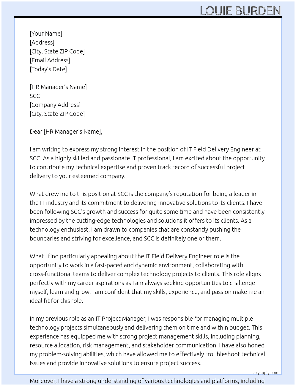 IT field delivery engineer At SCC Cover Letter